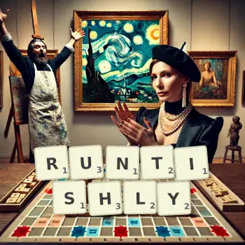 Creative illustration for a Scrabble game with the word RUNTISHLY spelled out in tiles on the board.