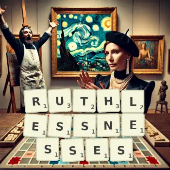 Creative illustration for a Scrabble game with the word RUTHLESSNESSES spelled out in tiles on the board.