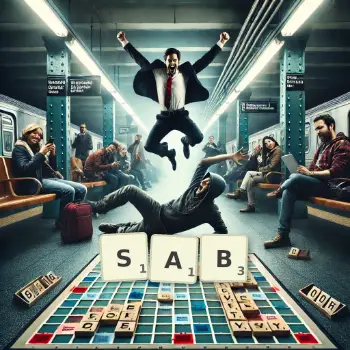 Creative illustration for a Scrabble game with the word SAB spelled out in tiles on the board.