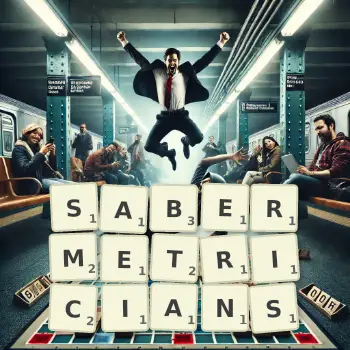 Creative illustration for a Scrabble game with the word SABERMETRICIANS spelled out in tiles on the board.