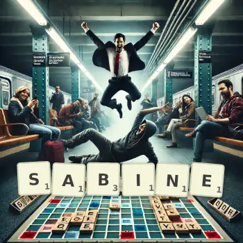 Creative illustration for a Scrabble game with the word SABINE spelled out in tiles on the board.