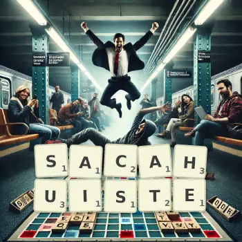 Creative illustration for a Scrabble game with the word SACAHUISTE spelled out in tiles on the board.