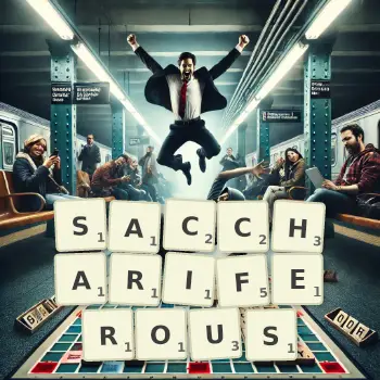 Creative illustration for a Scrabble game with the word SACCHARIFEROUS spelled out in tiles on the board.