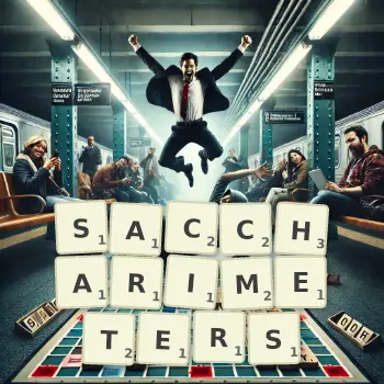 Creative illustration for a Scrabble game with the word SACCHARIMETERS spelled out in tiles on the board.