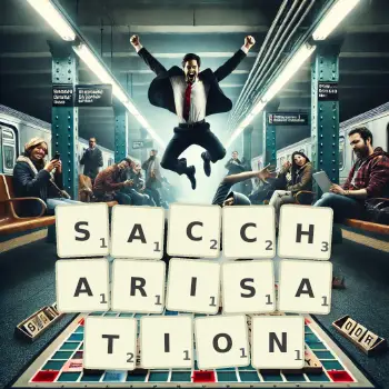 Creative illustration for a Scrabble game with the word SACCHARISATION spelled out in tiles on the board.
