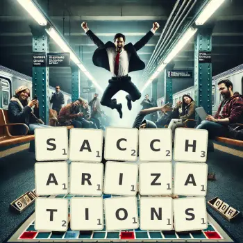 Creative illustration for a Scrabble game with the word SACCHARIZATIONS spelled out in tiles on the board.