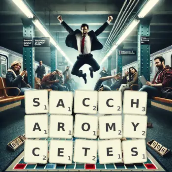 Creative illustration for a Scrabble game with the word SACCHAROMYCETES spelled out in tiles on the board.