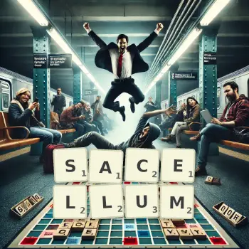 Creative illustration for a Scrabble game with the word SACELLUM spelled out in tiles on the board.