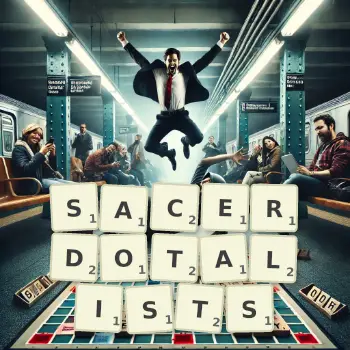Creative illustration for a Scrabble game with the word SACERDOTALISTS spelled out in tiles on the board.
