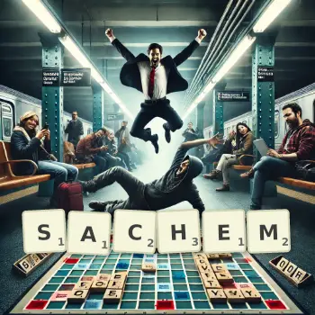 Creative illustration for a Scrabble game with the word SACHEM spelled out in tiles on the board.