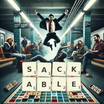 Creative illustration for a Scrabble game with the word SACKABLE spelled out in tiles on the board.
