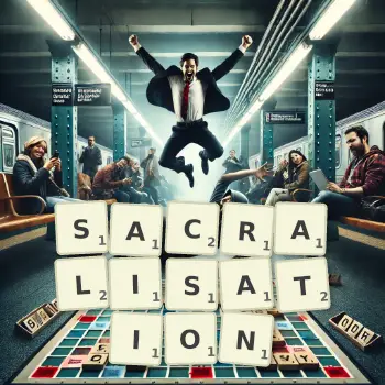 Creative illustration for a Scrabble game with the word SACRALISATION spelled out in tiles on the board.