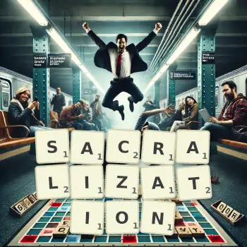 Creative illustration for a Scrabble game with the word SACRALIZATION spelled out in tiles on the board.