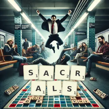 Creative illustration for a Scrabble game with the word SACRALS spelled out in tiles on the board.