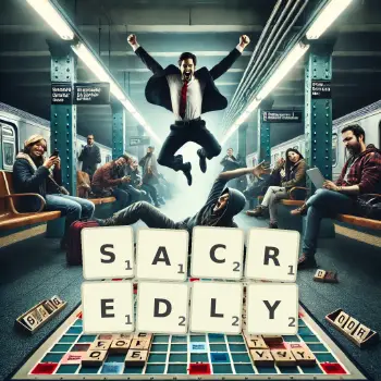 Creative illustration for a Scrabble game with the word SACREDLY spelled out in tiles on the board.