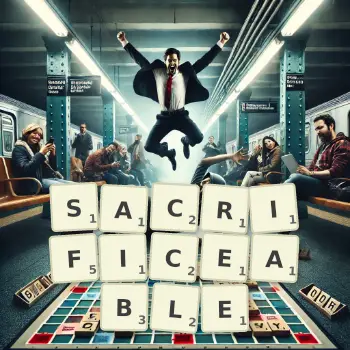 Creative illustration for a Scrabble game with the word SACRIFICEABLE spelled out in tiles on the board.