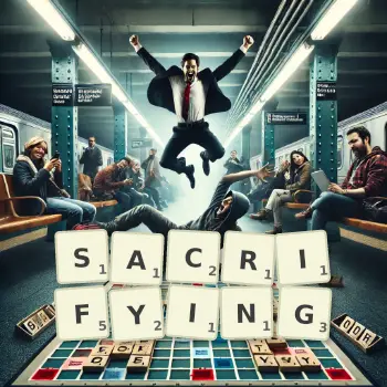 Creative illustration for a Scrabble game with the word SACRIFYING spelled out in tiles on the board.