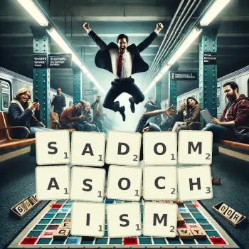 Creative illustration for a Scrabble game with the word SADOMASOCHISM spelled out in tiles on the board.