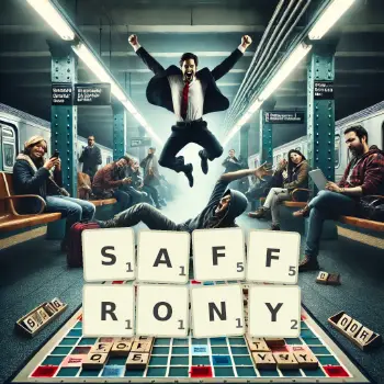 Creative illustration for a Scrabble game with the word SAFFRONY spelled out in tiles on the board.