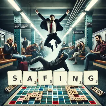 Creative illustration for a Scrabble game with the word SAFING spelled out in tiles on the board.