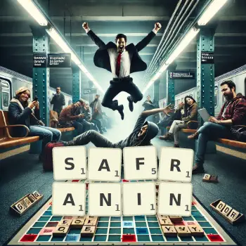Creative illustration for a Scrabble game with the word SAFRANIN spelled out in tiles on the board.