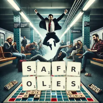 Creative illustration for a Scrabble game with the word SAFROLES spelled out in tiles on the board.