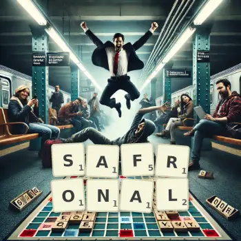 Creative illustration for a Scrabble game with the word SAFRONAL spelled out in tiles on the board.