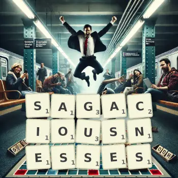 Creative illustration for a Scrabble game with the word SAGACIOUSNESSES spelled out in tiles on the board.