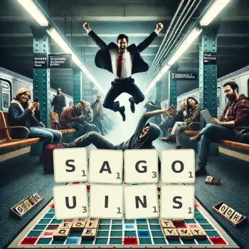 Creative illustration for a Scrabble game with the word SAGOUINS spelled out in tiles on the board.
