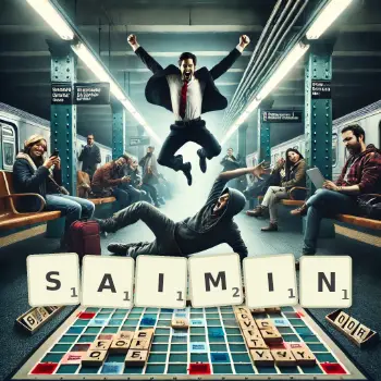 Creative illustration for a Scrabble game with the word SAIMIN spelled out in tiles on the board.