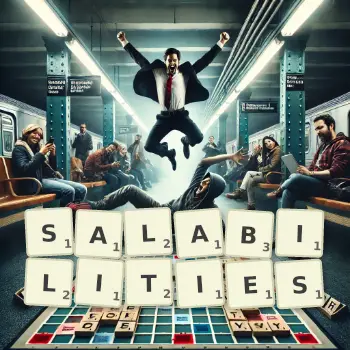 Creative illustration for a Scrabble game with the word SALABILITIES spelled out in tiles on the board.