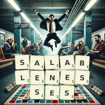 Creative illustration for a Scrabble game with the word SALABLENESSES spelled out in tiles on the board.