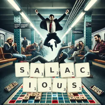 Creative illustration for a Scrabble game with the word SALACIOUS spelled out in tiles on the board.
