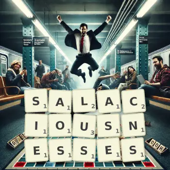 Creative illustration for a Scrabble game with the word SALACIOUSNESSES spelled out in tiles on the board.