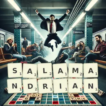 Creative illustration for a Scrabble game with the word SALAMANDRIAN spelled out in tiles on the board.