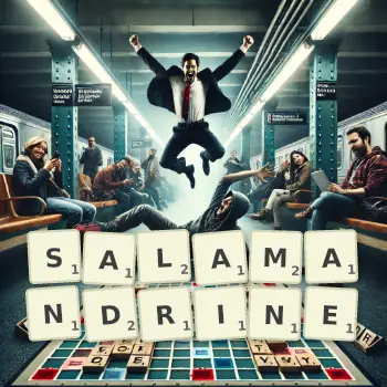 Creative illustration for a Scrabble game with the word SALAMANDRINE spelled out in tiles on the board.