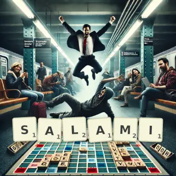 Creative illustration for a Scrabble game with the word SALAMI spelled out in tiles on the board.