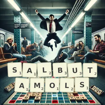 Creative illustration for a Scrabble game with the word SALBUTAMOLS spelled out in tiles on the board.