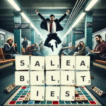 Creative illustration for a Scrabble game with the word SALEABILITIES spelled out in tiles on the board.