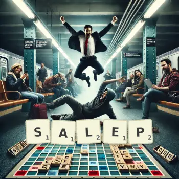 Creative illustration for a Scrabble game with the word SALEP spelled out in tiles on the board.