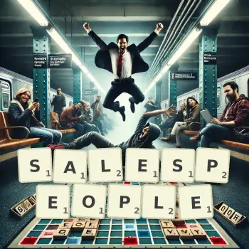 Creative illustration for a Scrabble game with the word SALESPEOPLE spelled out in tiles on the board.
