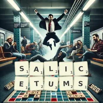 Creative illustration for a Scrabble game with the word SALICETUMS spelled out in tiles on the board.