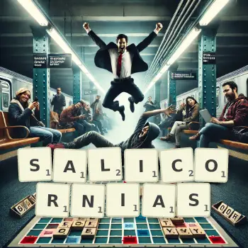 Creative illustration for a Scrabble game with the word SALICORNIAS spelled out in tiles on the board.