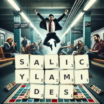 Creative illustration for a Scrabble game with the word SALICYLAMIDES spelled out in tiles on the board.
