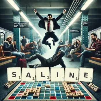 Creative illustration for a Scrabble game with the word SALINE spelled out in tiles on the board.