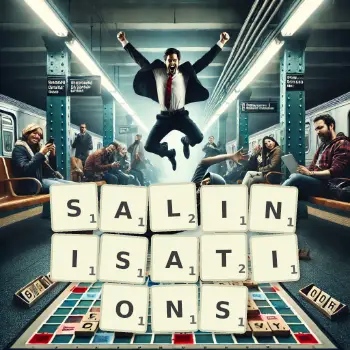 Creative illustration for a Scrabble game with the word SALINISATIONS spelled out in tiles on the board.