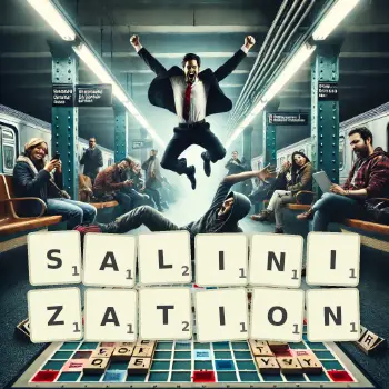 Creative illustration for a Scrabble game with the word SALINIZATION spelled out in tiles on the board.