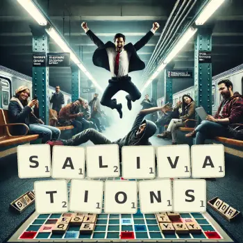 Creative illustration for a Scrabble game with the word SALIVATIONS spelled out in tiles on the board.