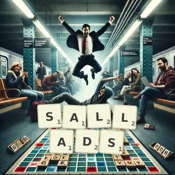 Creative illustration for a Scrabble game with the word SALLADS spelled out in tiles on the board.