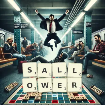 Creative illustration for a Scrabble game with the word SALLOWER spelled out in tiles on the board.